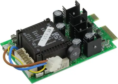 Netzteil-Modul mit mehreren Kondensatoren und Kühlkörpern, montiert auf einer Leiterplatte. Anschlusskabel sind sichtbar. Bosch-Logo auf dem Modul erkennbar.